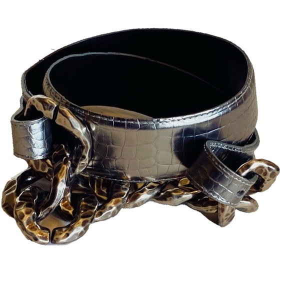 Vintage Sandy Duftler Genuine Leather Silver Gunmetal Metallic Belt L - Picture 2 of 16